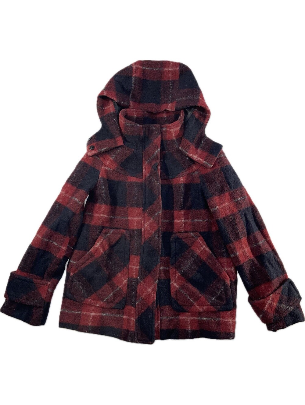 Zara Basic Plaid Jacket Coat Womens Wool Size XS Black Red Hooded Tweed Gorpcore